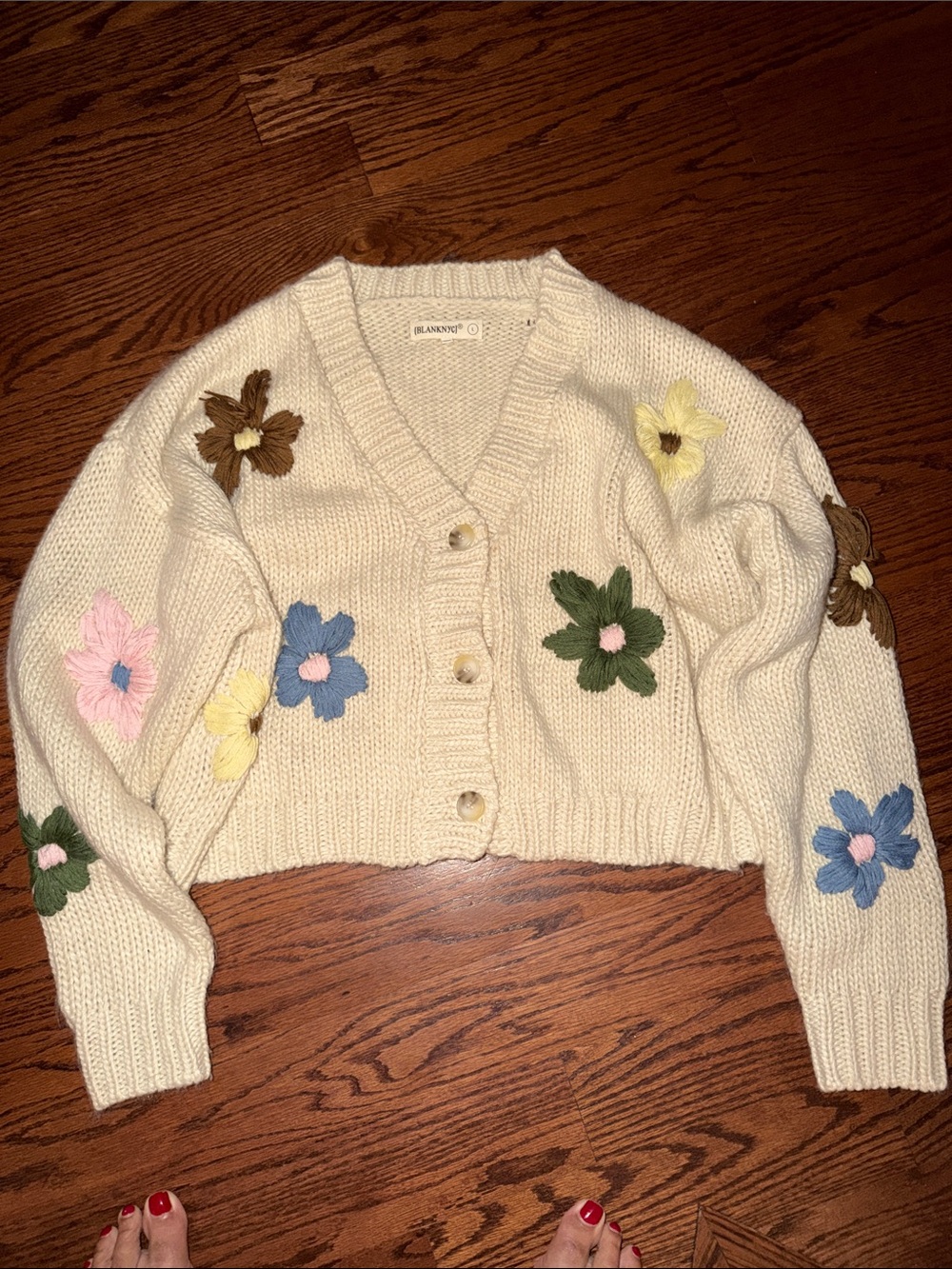 Blank NYC Cream Cropped Cardigan with Multicolor Floral Appliqués